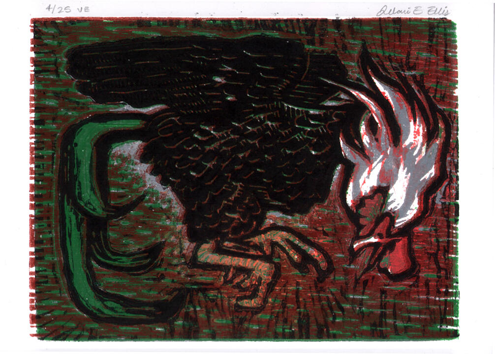 Rooster Woodcut Reduction Woodcut, 2024
